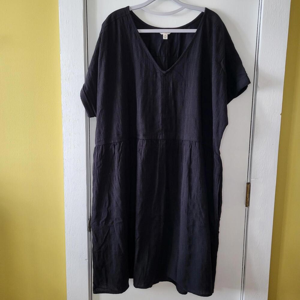 Terra & Sky black linen-blend midi dress short cuffed sleeves v-neckline 2X  blk